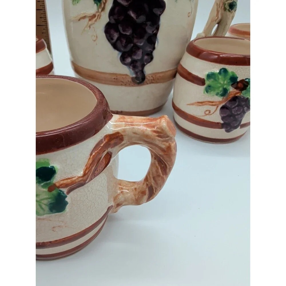 Kasuga Ware Japan Majolica Grape Pitcher 5 Mugs Vine Handles